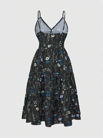 Plus Size Floral Contrast Lace Trim Spaghetti Strap Dress