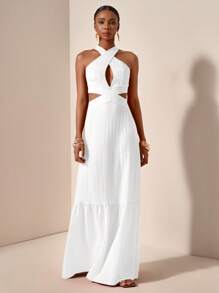 Zivah 2025 Váy Maxi Dệt Sọc Sóng Họa Tiết Màu Cam Cho Nữ Mùa Xuân Hè Mới Cổ Chữ V Halter Khoét Hở Trước Ngực Khoét Hở Lưng Eo Bánh Váy Maxi A-Pulse Váy Maxi Dệt Sọc Sóng Cho Nữ-A - trắng - Xem 5