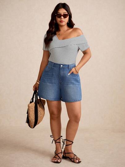 Elaquor Plus Size Summer Casual Washed Denim Shorts