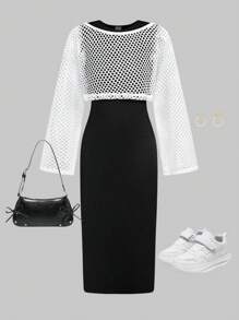 SHEIN ChillGRL 2 件套少女休闲优雅黑白针织中长连衣裙 + 宽松网眼罩衫套装，通勤和校园时尚，甜美朋克女孩街头风格 - 黑與白 - 查看 1