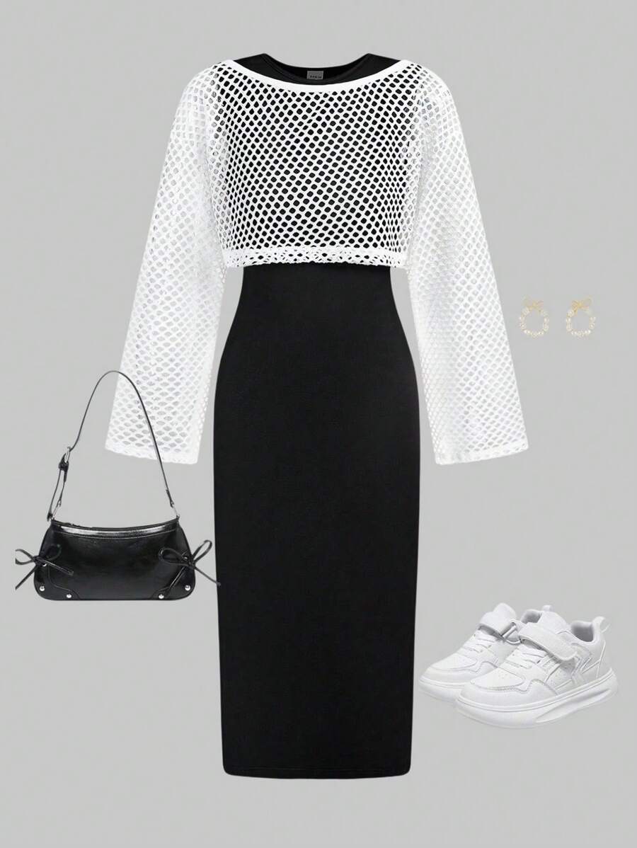 SHEIN ChillGRL 2 件套少女休闲优雅黑白针织中长连衣裙 + 宽松网眼罩衫套装，通勤和校园时尚，甜美朋克女孩街头风格 - 黑與白 - 查看 1