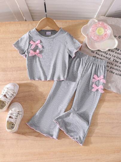 Genkimix Kids Infant/Toddler Girl Grey Knit Short Sleeve Bowknot Top & Bell-Bottom Pants 2-Piece Set, Comfortable Casual Daily Wear For Summer