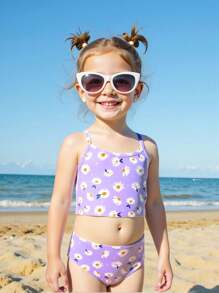 SHEIN Young Girls Daisy Print Bikini Set For Beach/Holiday - Multicolor - View 1