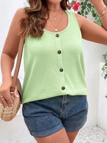 SHEIN VCAY Plus Size Women Casual Loose Button Design Tank Top - Green - View 5
