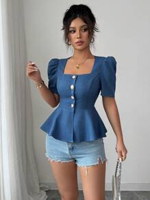 Chiquease Áo cánh nữ cổ vuông cài nút tay bồng eo thắt eo - Màu xanh lam - Xem 5