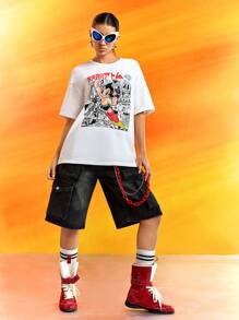 Astro Boy X SHEIN Women's Cartoon Pattern White Round Neck Short Sleeve T-Shirt, Summer Graphic Tee