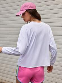 Streetz SHEIN Sport Sweatshirt Wanita Warna Polos Leher Bulat Lengan Panjang Potongan Longgar - Putih - View 6