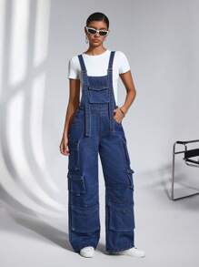 SHEIN ICON 女式实用口袋宽腿宽松休闲牛仔连体裤 - 卡其色 - 查看 1