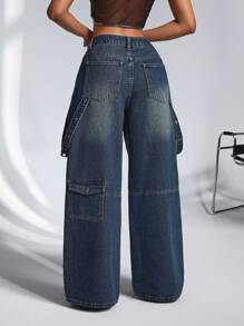 SHEIN ICON Pantalones vaqueros cargo casuales de pierna ancha y suelta con múltiples bolsillos para mujer