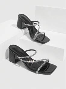 CUCCOO SZL Women's High Heel Chunky Chain Strap Slip-On Sandals, Suitable For Going Out, Vacation, Party In Summer - Black - View 2