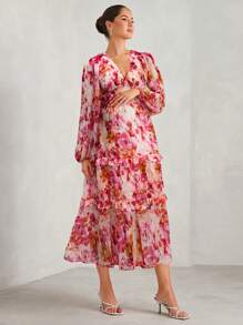 MaterniChic Vestido de mujer embarazada de cuello en V profundo con manga farol y volante en el bajo, con cintura ceñida, perfecto para vacaciones