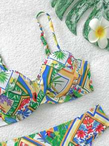 Soleia Women's Swimwear, Sexy Elegant Bird Print Pattern, Adjustable Shoulder Straps, High Waisted High Cut Bottoms, Summer Vacation Swimwear Set - Multicolor - View 3