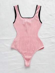 Soleia New Tie Ribbon Bow Knit Bodysuit, Elegant Color Block Vacation Casual Versatile - Baby Pink - View 2