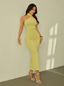 SHEIN PETITE Solid Halter Neck Backless Bodycon Dress Green - Yellow - View 7