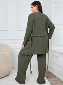 SHEIN Cottnline Cotton Women's Letter Patterned Ribbed Lounge Set - Mint Green - View 2