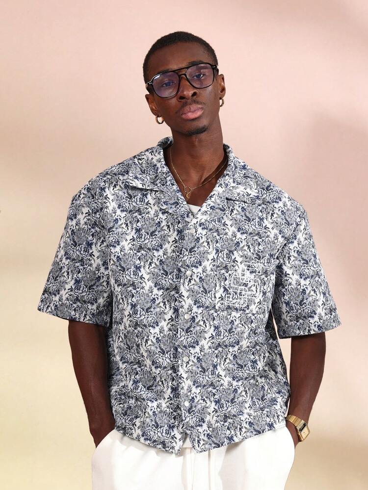 Tapestry Print Revere Collar Short Sleeve Shirt