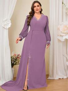 Coutiva Đầm cocktail bó sát dệt kim màu xanh lam thanh lịch cỡ lớn - Màu tím - Xem 6