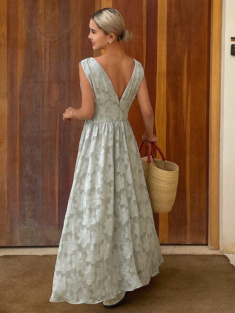 Women's Sleeveless V-Neck Waisted Elegant Dress, Textured Solid Color Vacation Summer Dress Cocktail Dress