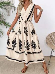 SHEIN Unity V-Neck Tie Front Printed Maxi Dress, Beach Vacation Women's Wear With Ruched Shoulder Tie Design - Apricot - View 1