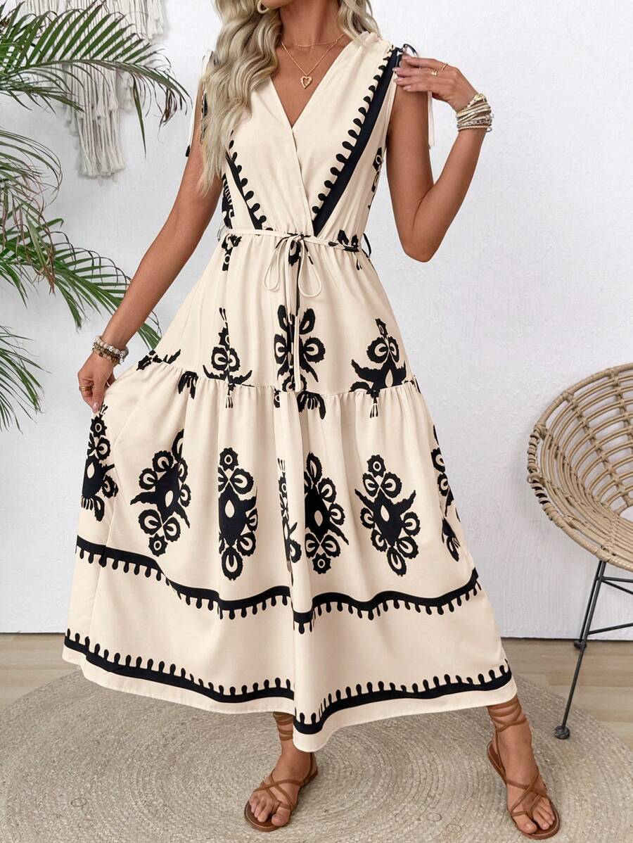SHEIN Unity V-Neck Tie Front Printed Maxi Dress, Beach Vacation Women's Wear With Ruched Shoulder Tie Design - Apricot - View 1