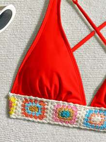 SHEIN Swim 女士时尚优雅比基尼沙滩两件套，可调节吊带上衣和下装，红色 - 紅色 - 查看 6