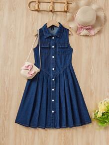 SHEIN Vestido jeans plissado estilo boho praia para meninas adolescentes com botões frontais, roupas de verão para meninas