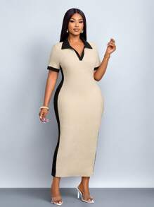 SOLERSUN “女式大码夏季休闲优雅简约基本款新款翻领V领短袖修身长裙黑杏色针织面料中长连衣裙” - 杏色 - 查看 6