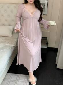 Dazy Plus Váy ngủ dài thắt eo có nơ cổ hình trái tim cỡ lớn, màu hoa oải hương, đồ ngủ, dành cho mùa thu, mùa đông - Màu tím hoa cà - Xem 6