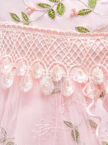 Young Girl' Lace Trim Ruffles Beaded Round Neck Short Sleeve Elegant Princess Style Embroidery Pink Puff Dress For Birthday, Wedding, School Activity, Party, Piano Recital - Pink - View 7