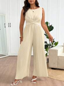 SHEIN Frenchy Plus Size Solid Color Simple Daily Square Neck Sleeveless Jumpsuit - Apricot - View 6