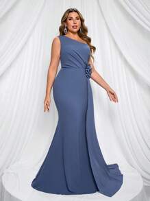 SHEIN Belle Elegantes romantisches Brautjungfernkleid in Große Größen mit asymmetrischer Schulter, Taille, Blumen-Applikationen und fließendem Meerjungfrauen-Saum, Blau - Graublau - Übersicht 6