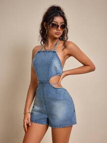 SHEIN EZwear 女士蓝色绑带露背吊带牛仔连体衣 - 藍色 - 查看 3