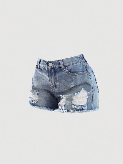 SHEIN Girlism Shorts vaqueros de cintura baja con dobladillo deshilachado y lavado retro para adolescentes, estilo Y2K para primavera y verano, shorts de playa bohemios de vacaciones, atuendos casuales de rave y streetwear para conciertos de verano, atuendos de graduación y brunch de verano para niñas