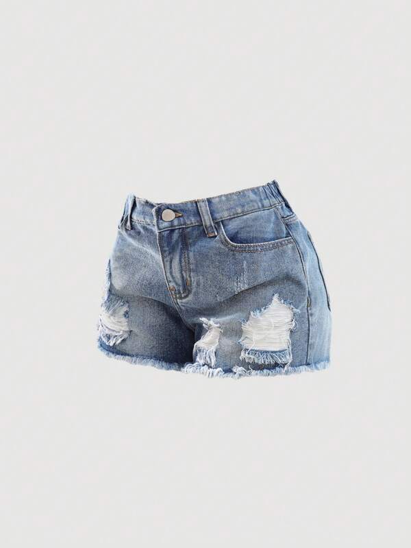 SHEIN Girlism Pantalones cortos vaqueros con pretina baja, efecto lavado, rotos y dobladillo deshilachado para adolescentes, apropiados para vacaciones de primavera/verano en la playa, festivales y conciertos casuales, así como para usar en el día a día en el verano, también ideales para usarlos en la graduación o en brunch durante el verano.