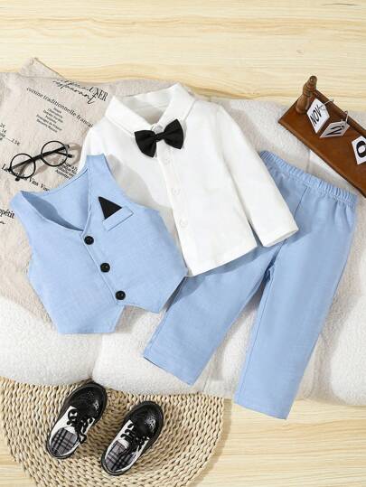 SHEIN Conjunto de 2 piezas de atuendo de caballero para bebé niño, que incluye chaleco y pantalones de unicolor, ropa adecuada para bodas, actuaciones, fiestas, cumpleaños, Navidad y ceremonias de graduación