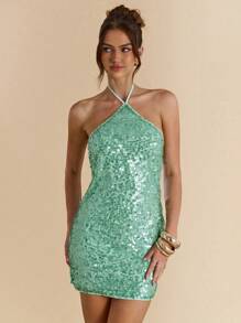 SHEIN BAE 薄荷绿无袖迷你露背亮片装饰连衣裙，适合度假、海滩、音乐节、早午餐、春夏季 - 綠色 - 查看 5