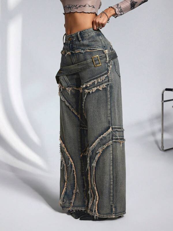 Jeanoix Jeans casuales y versátiles para mujer con pierna ancha y acampanada, ruedo deshilachado