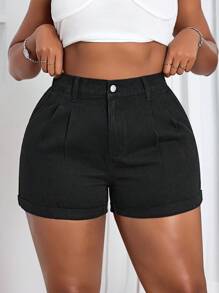 Slaydiva Plus Size Casual Washed High Waist Denim Shorts - Black - View 1