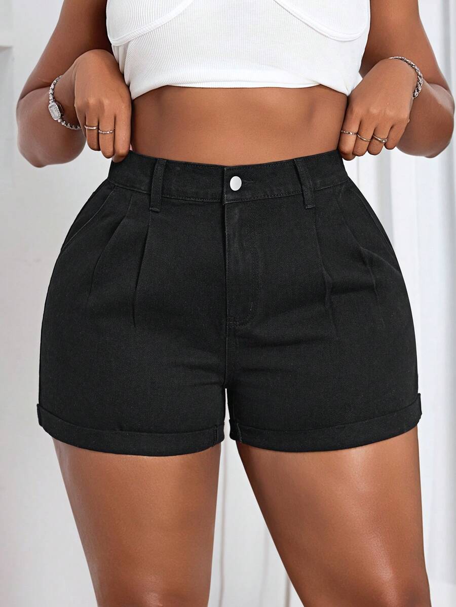 Slaydiva Plus Size Casual Washed High Waist Denim Shorts - Black - View 1