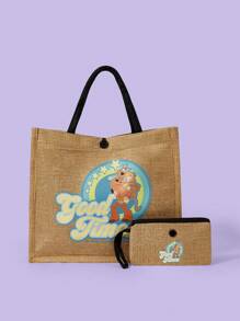 SCOOBY-DOO X SHEIN Cartoon & Letter Print Fashionable Ladies' Vacation 2-In-1 Bag Set , Beach Bag - Khaki - View 1