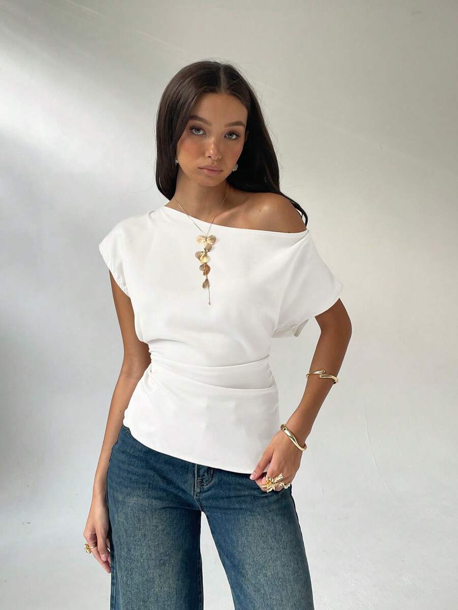 Aloruh 女式休闲纯色不对称衬衫，夏季 - 白色 - 查看 1