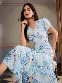 ZEYLAH 女士时尚亚麻印花连衣裙，适合夏季 - 藍色 - 查看 1