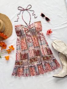 Soleia Đầm hở lưng mini in họa tiết nhiều màu sắc thời trang, buộc dây phía trước, eo xếp nếp, trang phục lễ hội âm nhạc - Nhiều màu - Xem 1