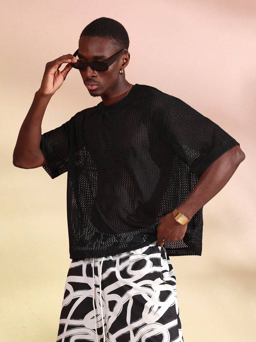 SUMWON 宽松夏季网眼针织 T 恤透气运动休闲街头服饰节日轻便海滩夜店派对休闲超大运动风格