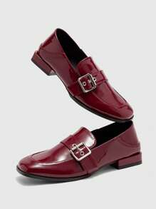 CUCCOO BIZCHIC Women's Adjustable Buckle Design Retro Chunky Heel Shoes - Burgundy - View 5