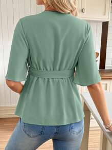 SHEIN Maternity Solid Color V-Neck Short Sleeve Shirt With Belt - Cadet Blue - View 2