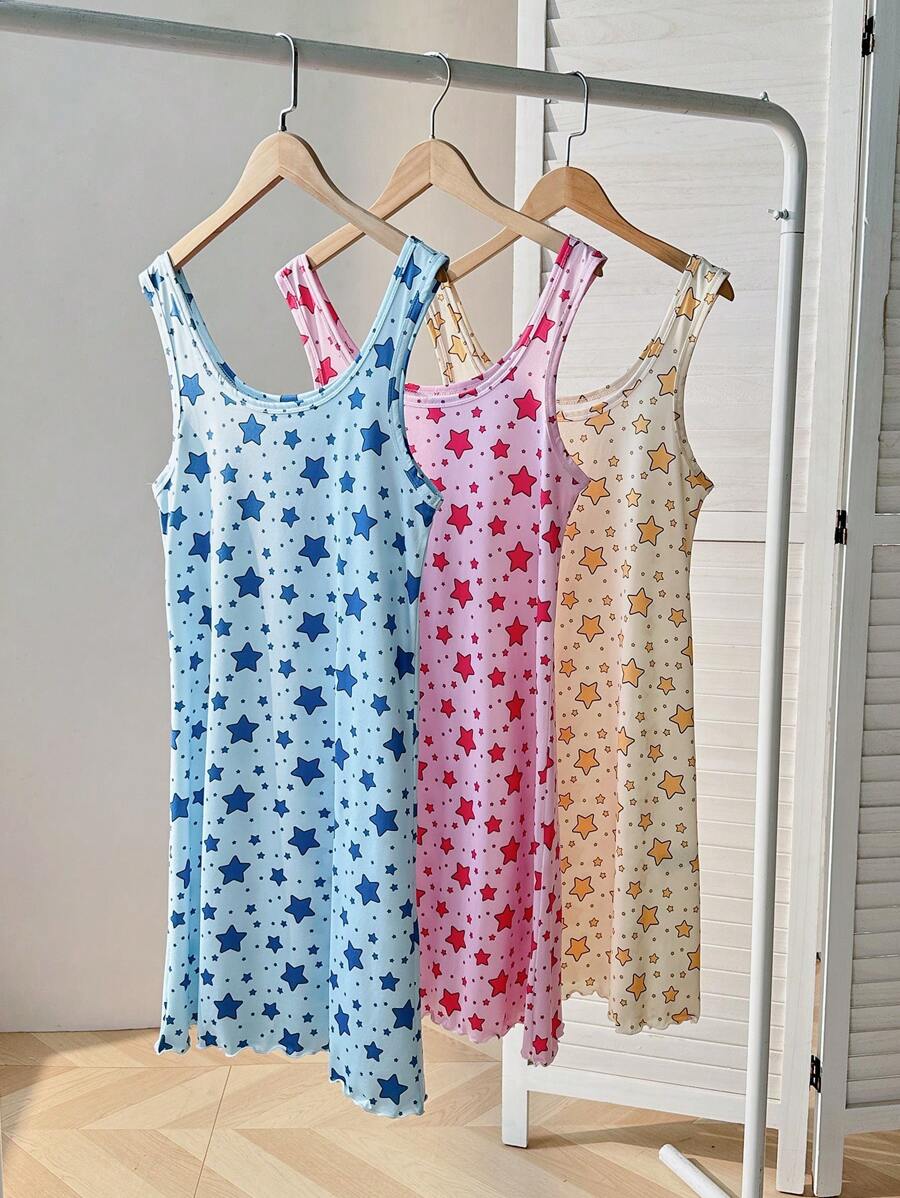 SHEIN Bộ đồ ngủ 3 mảnh in hình ngôi sao dành cho nữ - Nhiều màu - Xem 1
