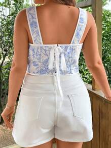 SHEIN VCAY Plus Size Women Vintage Floral Jacquard Drawstring Tie Waist Fitted Camisole Tank Top - Blue - View 2