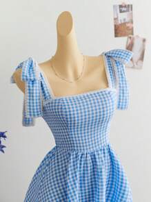 Elamini Cute Plaid Tied Strap Mini Dress - Blue and White - View 5