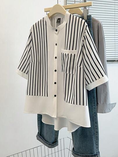 SHEIN LUNE Spring/Summer/Autumn Elegant Office Lady Casual Fashionable Striped Floral Pattern Versatile Comfortable Fabric Shirt Collar 3/4 Sleeve Spliced Cardigan, Black & White, Plus Size